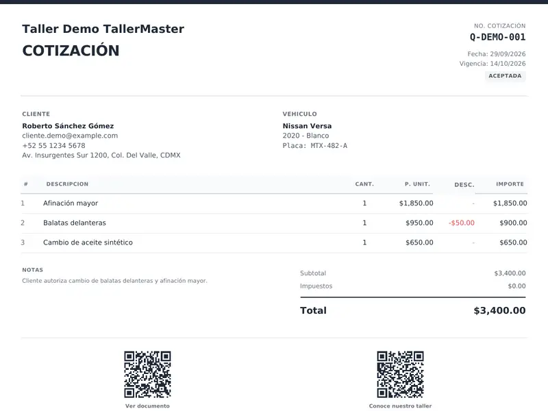 Cotización en PDF que el cliente aprueba antes de iniciar el trabajo