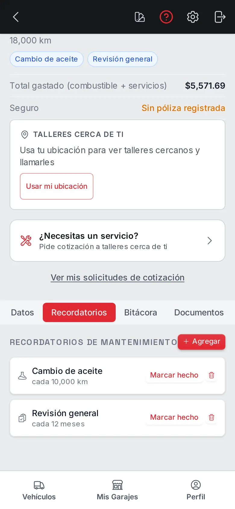 Recordatorios de servicio en Mi Garage