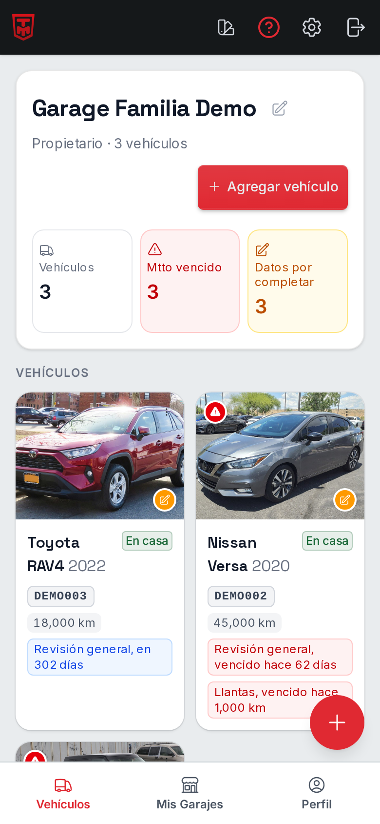 Home de Mi Garage con vehículos