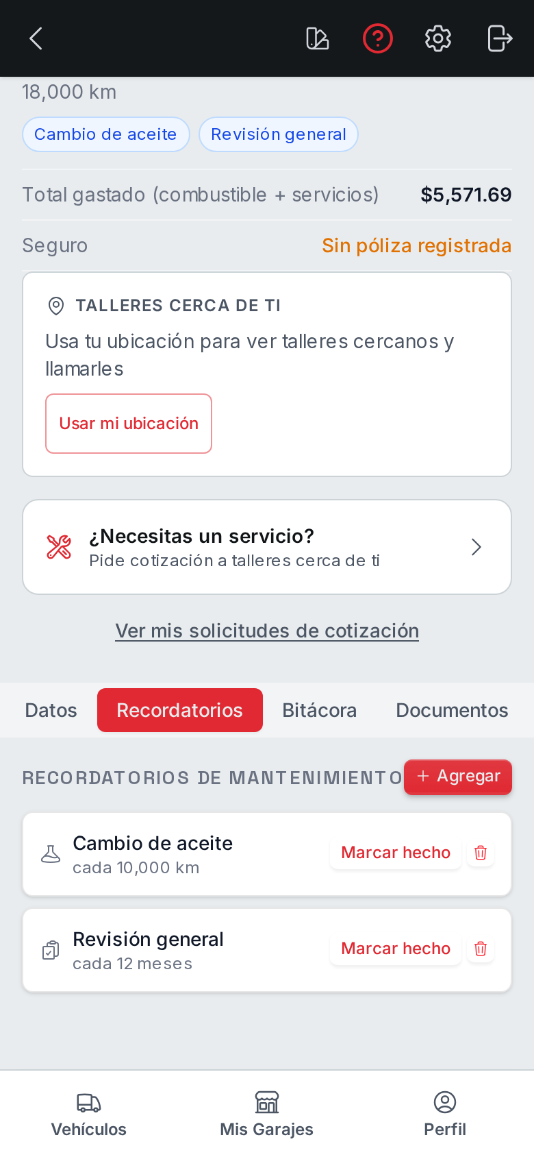 Recordatorios de póliza, licencia y servicio
